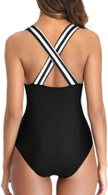 Load image into Gallery viewer, Black Striped One Piece Plunge V-Neck Hollow Out Swimsuit