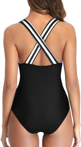 Black Striped One Piece Plunge V-Neck Hollow Out Swimsuit