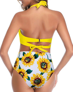 Trendy Sun Flower Two Piece Halter Vintage Swimsuit