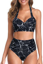 Load image into Gallery viewer, Vintage Swimsuit Black Dot Two Piece Halter Ruched High Waist Bikini