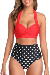 Vintage Swimsuit Red Cheetah Two Piece Halter Ruched High Waist Bikini