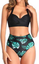 Load image into Gallery viewer, Vintage Swimsuit Black Leaves Two Piece Halter Ruched High Waist Bikini