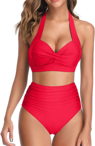 Vintage Swimsuit Red Cheetah Two Piece Halter Ruched High Waist Bikini