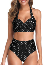 Load image into Gallery viewer, Vintage Style Halter Black &amp; White Striped Ruched High Waist 2pc Bikini Swimsuit