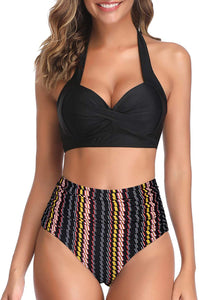 Vintage Style Halter Black & White Striped Ruched High Waist 2pc Bikini Swimsuit