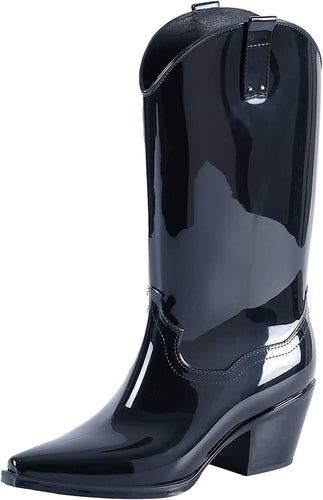 Shiny Black Mid Calf Anti-Slipping Rain Boots