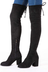 Dreamy Black Pointed Toe Thigh High Block Chunky Heel Boots