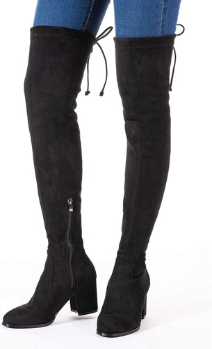 Dreamy Black Pointed Toe Thigh High Block Chunky Heel Boots