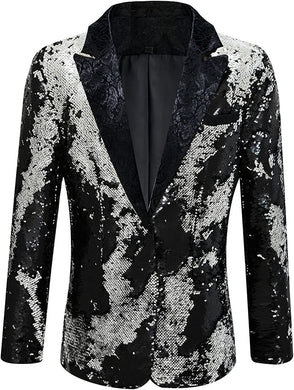 Men's Silver & Black Sequin Long Sleeve Tuxedo Blazer