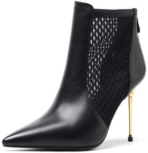 Load image into Gallery viewer, Handmade Leather Mesh Pointed Toe Stiletto Chic Ankle Boots