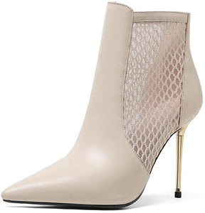Handmade Leather Mesh Pointed Toe Stiletto Chic Ankle Boots