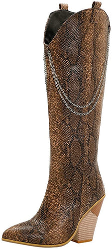 Women's Pointed Toe Knee High Brown Cowgirl Boots with Chain
