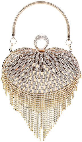 Luxury Gold Heart Shape Mirror Tassel Rhinestones Party Clutch Bag/Purse/Handbag