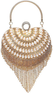 Luxury Gold 2 Heart Shape Tassel Rhinestones Party Clutch Bag/Purse/Handbag