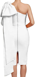 One Shoulder Bowknot White Long Sleeve Bodycon Bandage Dress