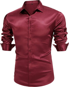 Men's Luxury Wine Red Shiny Silk Long Sleeve Dress Shirt