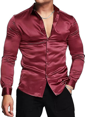 Men's Luxury Wine Red Shiny Silk Long Sleeve Dress Shirt