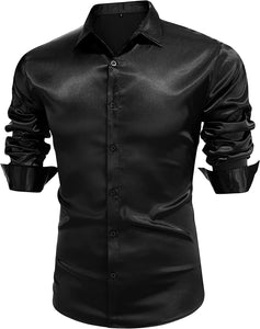 Men's Luxury Black Shiny Silk Long Sleeve Slim Fit Shirt