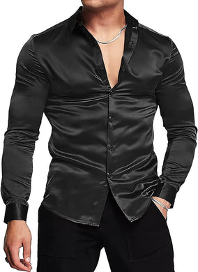 Men's Luxury Black Shiny Silk Long Sleeve Slim Fit Shirt