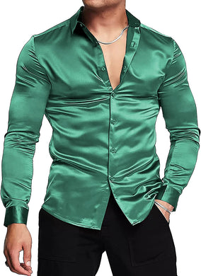 Men's Luxury Dark Green Shiny Silk Long Sleeve Slim Fit Shirt