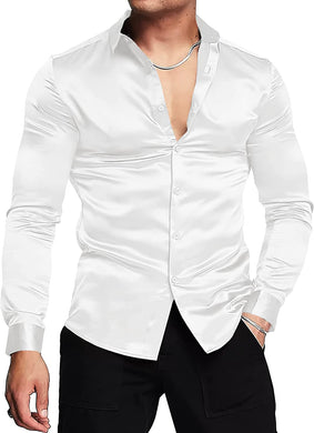 Luxury White Shiny Silk Long Sleeve Dress Shirt