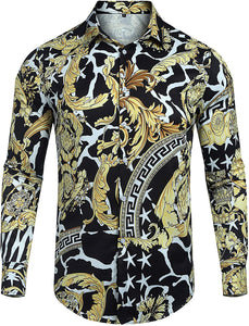 Black Gold Print Men's Long Sleeve Fashion Shirt