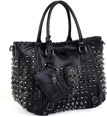 Women's Skull Tote Bag Rivet Studded PU Leather Shoulder Bag Black Handbag