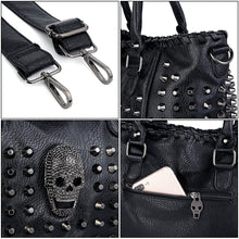 Load image into Gallery viewer, Women&#39;s Skull Tote Bag Rivet Studded PU Leather Shoulder Bag Black Handbag