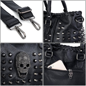 Women's Skull Tote Bag Rivet Studded PU Leather Shoulder Bag Black Handbag