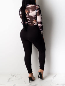 Two Piece Black Long Sleeve Skinny See Through Jumpsuit