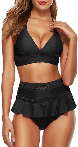 Black High Waisted Two Piece Lace Bikini Set