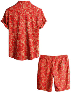 Men's Orange Printed Bohemian Short Sleeve Shirt & Shorts Set