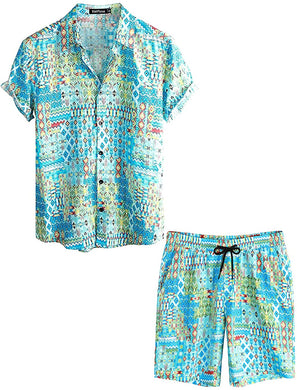 Men's Blue Moroccan Printed Bohemian Short Sleeve Shirt & Shorts Set