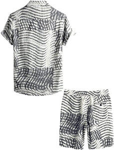 Men's Light Gray Wavy Striped Short Sleeve Shirt & Shorts Set