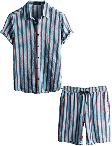 Men's Blue & Red Striped Short Sleeve Shirt & Shorts Set