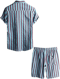 Men's Blue & Red Striped Short Sleeve Shirt & Shorts Set