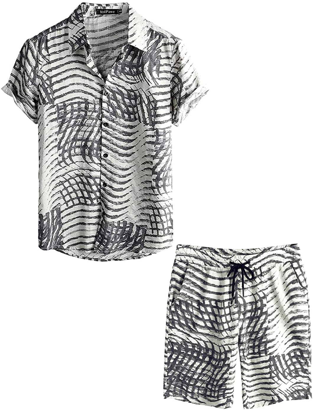 Men's Light Gray Wavy Striped Short Sleeve Shirt & Shorts Set