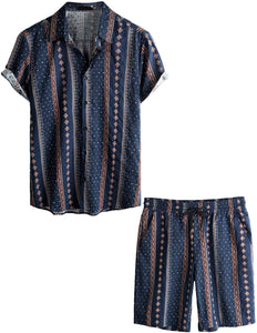 Men's Navy Blue Tribal Print Short Sleeve Shirt & Shorts Set