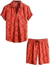 Load image into Gallery viewer, Men&#39;s Orange Printed Bohemian Short Sleeve Shirt &amp; Shorts Set