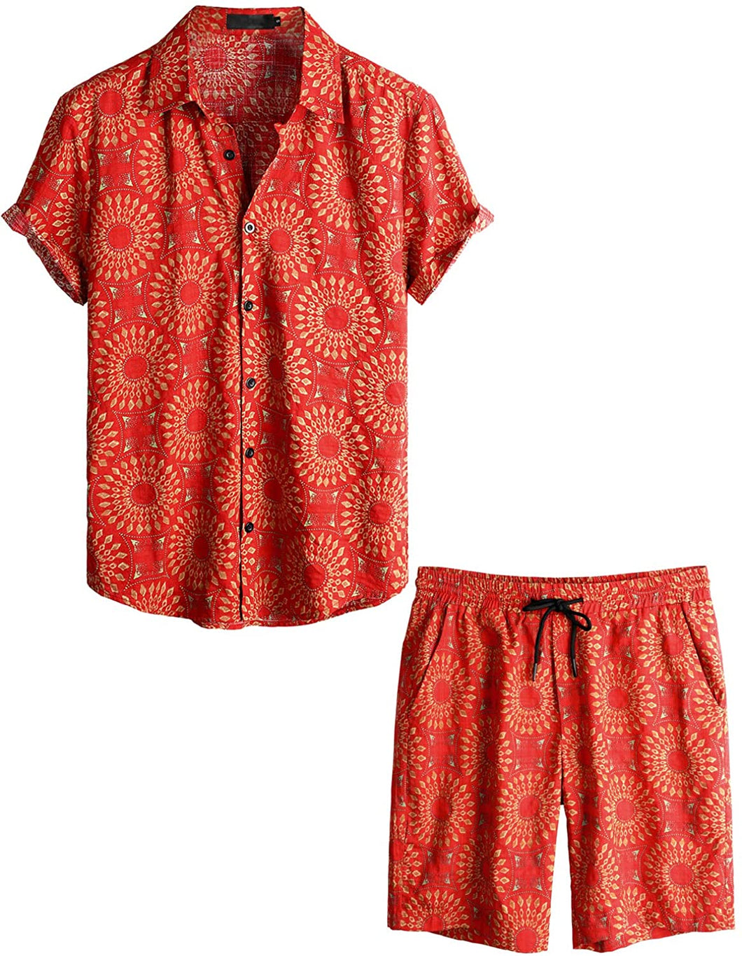 Men's Orange Printed Bohemian Short Sleeve Shirt & Shorts Set