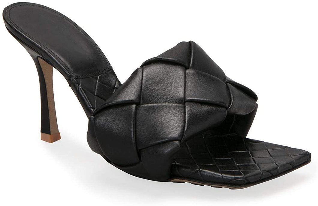 Pretty Mule Black Square Open Toe Quilted High Heel Sandals