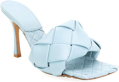 Woven Leather Mule Blue Square Open Toe Quilted High Heel Sandals
