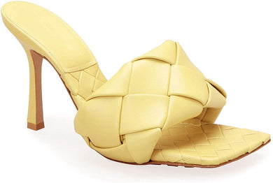 Woven Leather Mule Yellow Square Open Toe Quilted High Heel Sandals