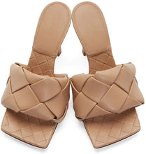 Load image into Gallery viewer, Woven Leather Mule Khaki Square Open Toe Quilted High Heel Sandals