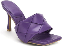 Load image into Gallery viewer, Woven Leather Mule Purple Square Open Toe Quilted High Heel Sandals
