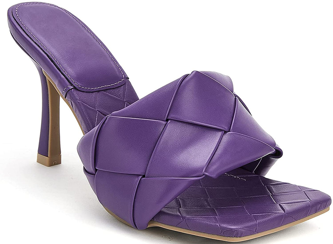 Woven Leather Mule Purple Square Open Toe Quilted High Heel Sandals
