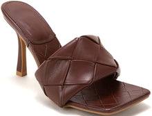 Load image into Gallery viewer, Woven Leather Mule Chocolate Square Open Toe Quilted High Heel Sandals