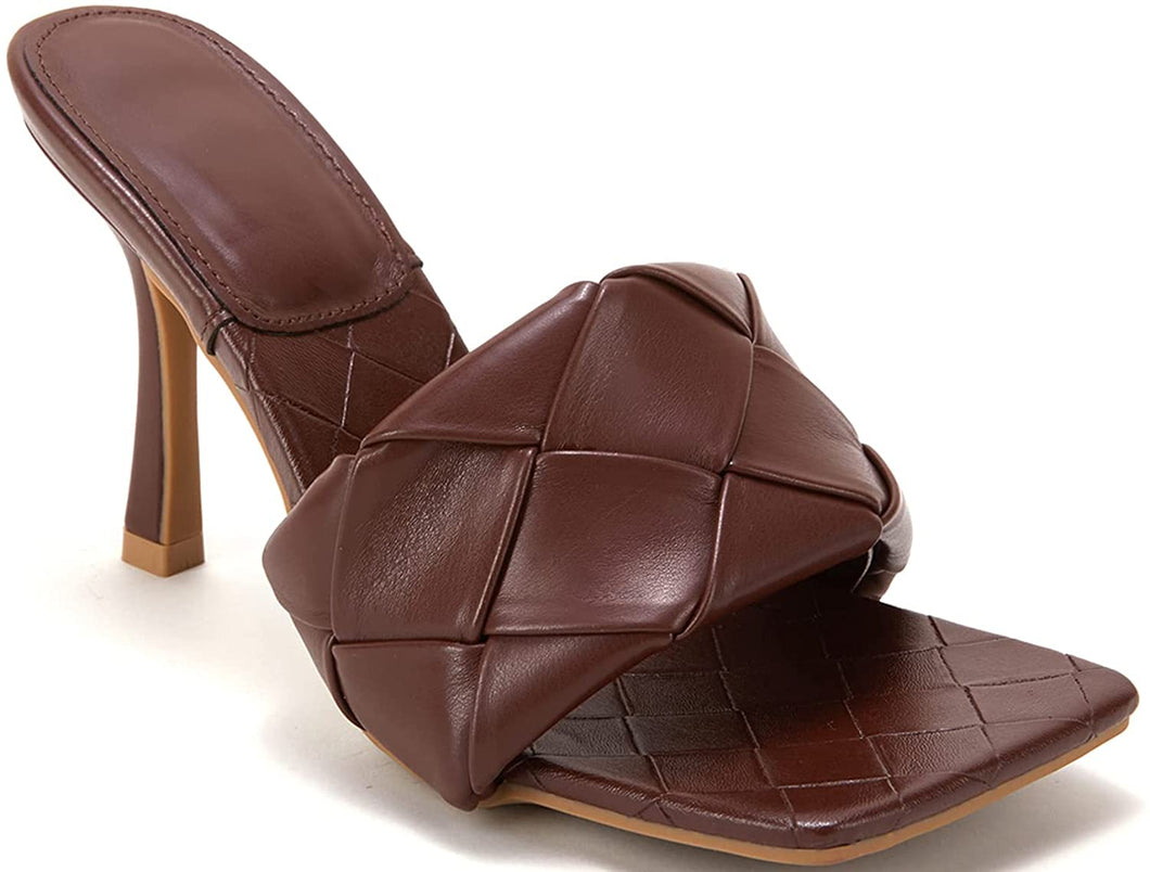 Woven Leather Mule Chocolate Square Open Toe Quilted High Heel Sandals