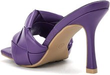 Load image into Gallery viewer, Woven Leather Mule Purple Square Open Toe Quilted High Heel Sandals