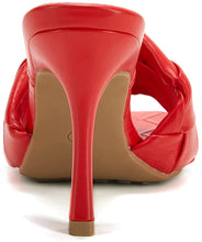Load image into Gallery viewer, Woven Leather Mule Red Square Open Toe Quilted High Heel Sandals
